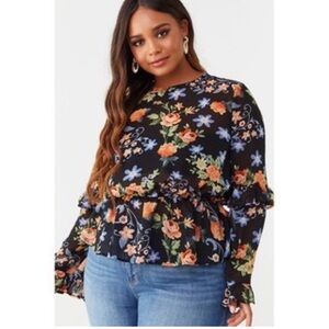 FOREVER 21+ BOHO OASIS FLORAL BLOUSE - BLACK SIZE 3X (NEW WITH TAGS) A16